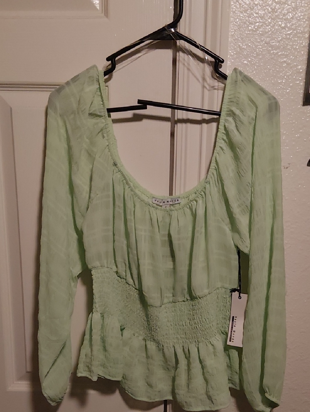 Vero Moda Pastel Green Long Sleeve Smocked Peasant Top